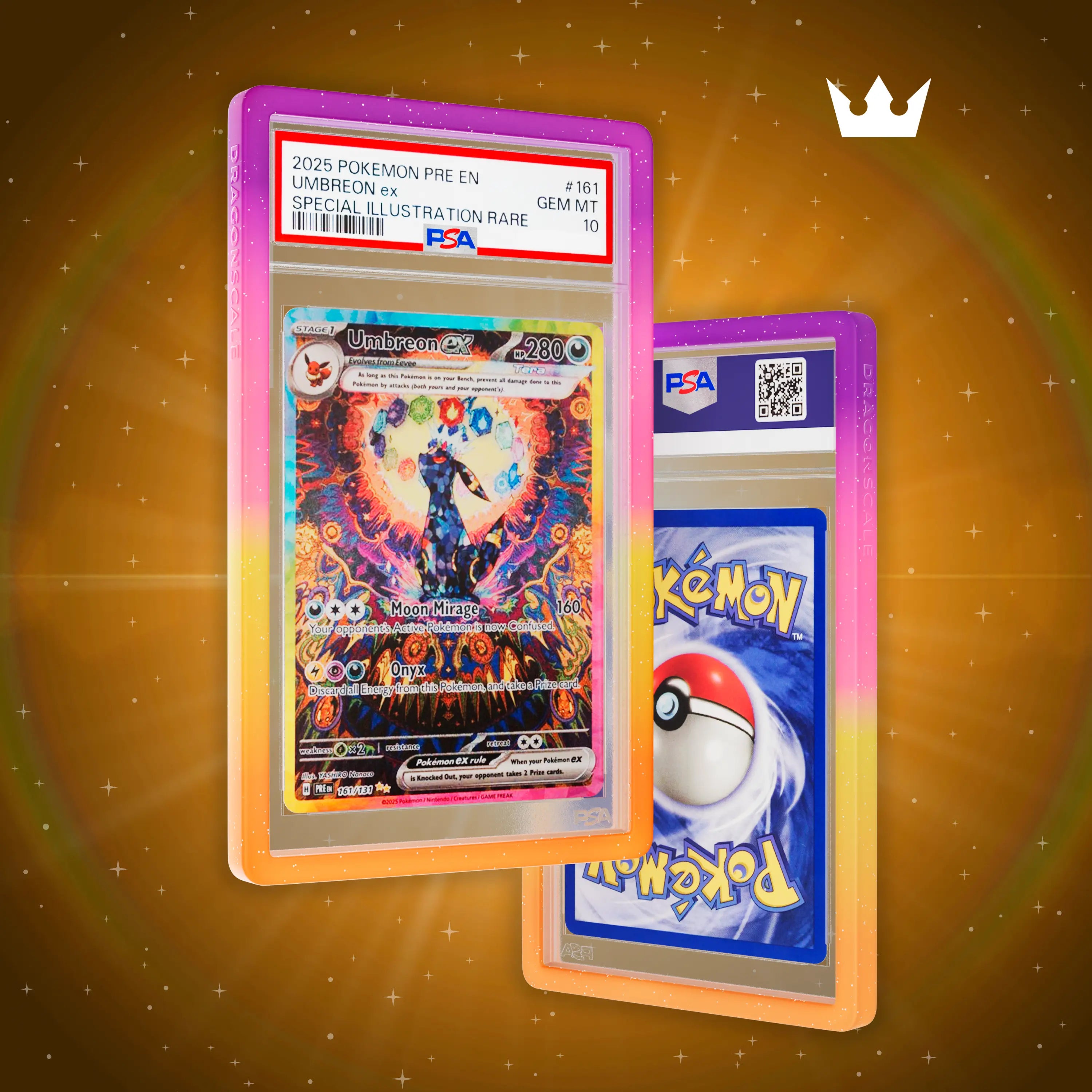 Front and back view of a PSA slab in Mythic Supernova Dragonscale bumper guard, featuring a Umbreon Ex Prismatic Evolution PSA 10 Pokemon card.