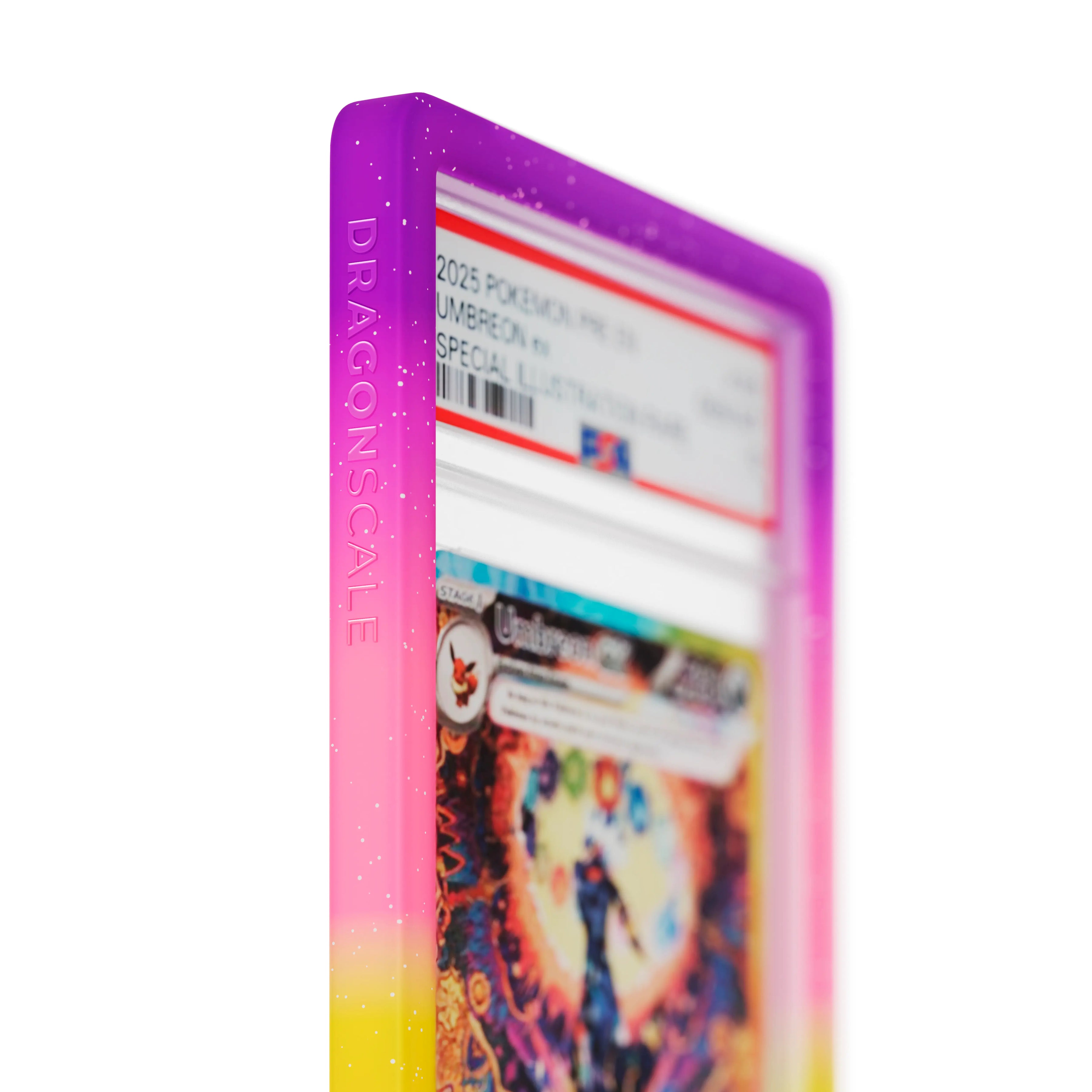 Close up logo zoom view of a PSA slab in Mythic Supernova Dragonscale bumper guard, featuring a Umbreon Ex Prismatic Evolution PSA 10 Pokemon card.