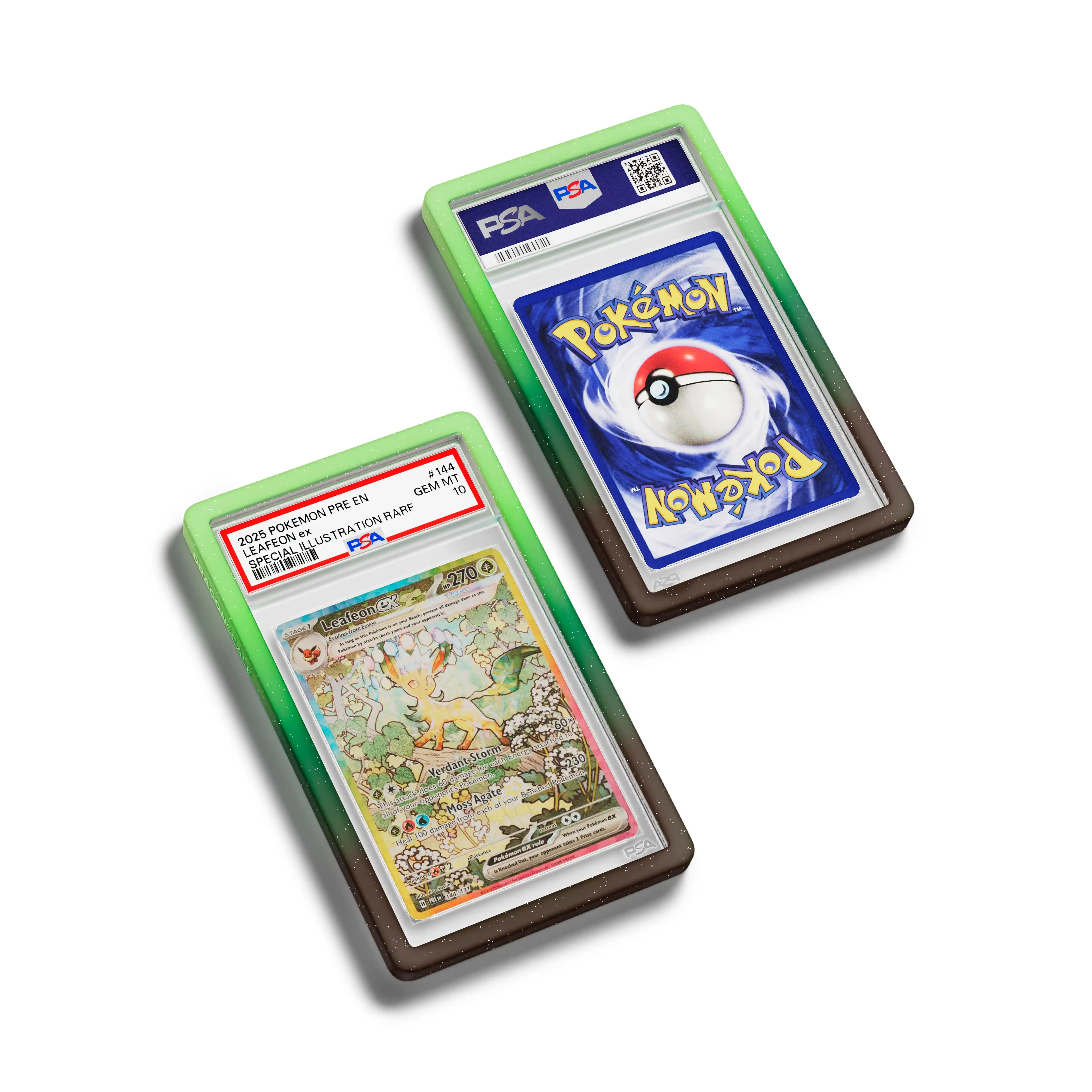 Top-down flat view of a PSA slab in Mythic Wildbloom Dragonscale bumper guard, featuring a Leafeon Ex Prismatic Evolution PSA 10 Pokemon card.
