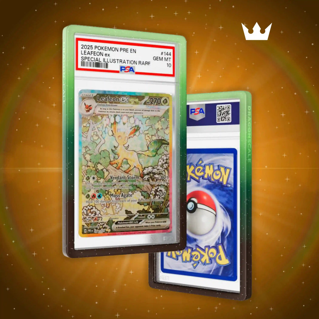 Front and back view of a PSA slab in Mythic Wildbloom Dragonscale bumper guard,featuring a Leafeon Ex Prismatic Evolution PSA 10 Pokemon card.
