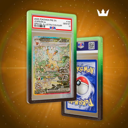 Front and back view of a PSA slab in Mythic Wildbloom Dragonscale bumper guard,featuring a Leafeon Ex Prismatic Evolution PSA 10 Pokemon card.
