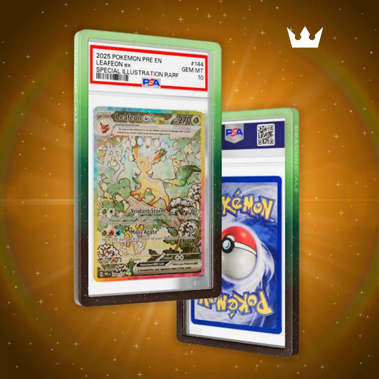 Front and back view of a PSA slab in Mythic Wildbloom Dragonscale bumper guard,featuring a Leafeon Ex Prismatic Evolution PSA 10 Pokemon card.
