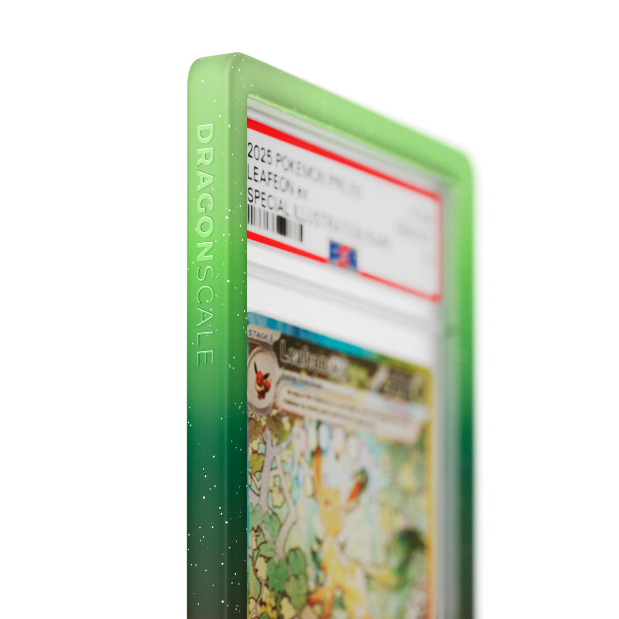 Close up logo zoom view of a PSA slab in Mythic Wildbloom Dragonscale bumper guard, featuring a Leafeon Ex Prismatic Evolution PSA 10 Pokemon card.
