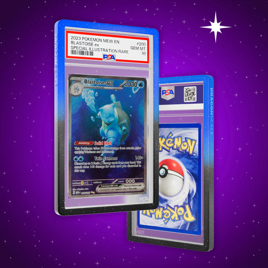 Front and back view of a PSA slab in Radiant Abyssal Dragonscale bumper guard, featuring a Blastoise EX Mew 151 PSA 10 Pokemon card.