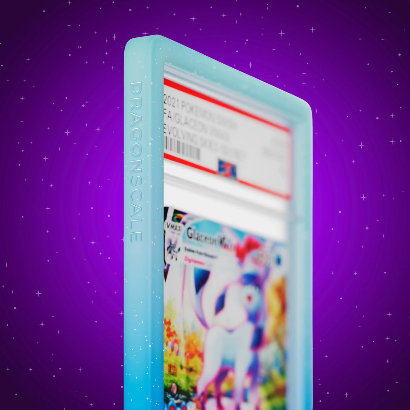 Close up logo zoom view of a PSA slab in Radiant Aqua Dragonscale bumper guard, featuring a Glaceon VMAX Evolving Skies PSA 10 Pokemon card.
