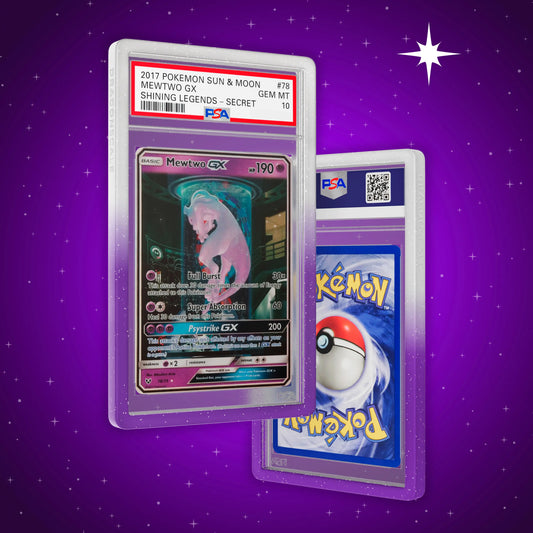 Front and back view of a PSA slab in Radiant Arcane Dragonscale bumper guard,featuring a Mewtwo GX Shining Legends PSA 10 Pokemon card.
