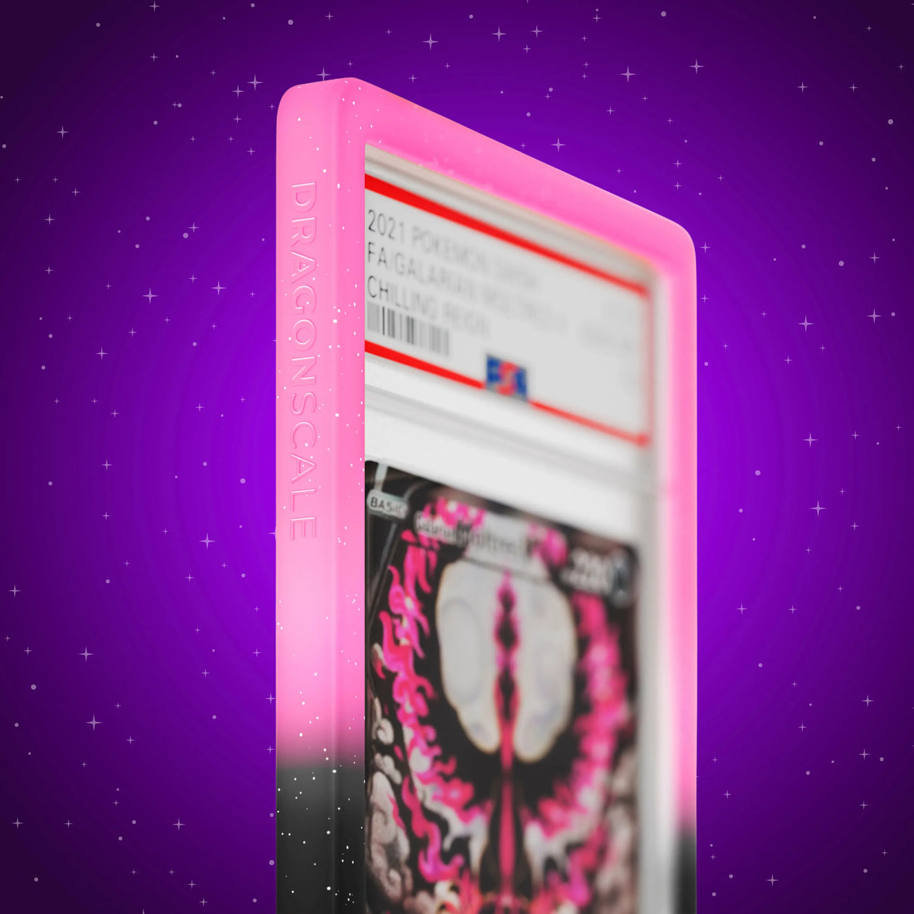 Close up logo zoom view of a PSA slab in Radiant Blackrose Dragonscale bumper guard, featuring a Galarian Moltres Chilling Reign PSA 10 Pokemon card.