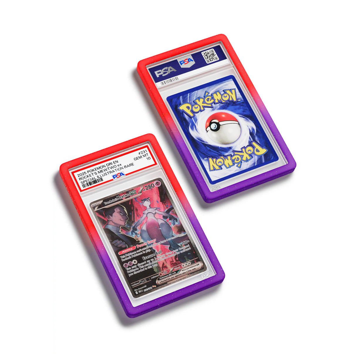 Top-down flat view of a PSA slab in Radiant Chaos Dragonscale bumper guard, featuring a Team Rocket’s Mewtwo EX Destined Rivals PSA 10 Pokemon card.
