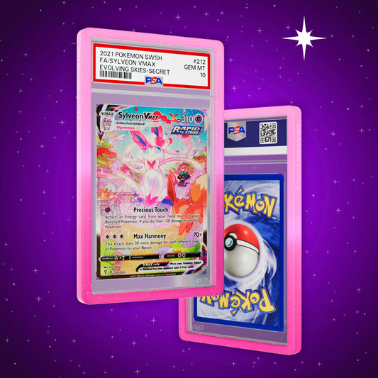 Front and back view of a PSA slab in Radiant Charm Dragonscale bumper guard, featuring a Sylveon VMAX Evolving Skies PSA 10 Pokemon card.