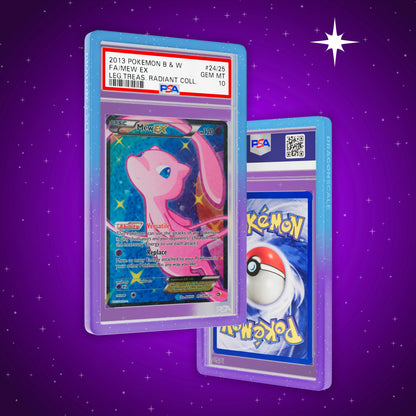 Front and back view of a PSA slab in Radiant Dream Dragonscale bumper guard,featuring a Mew ex Legendary Treasures PSA 10 Pokemon card.
