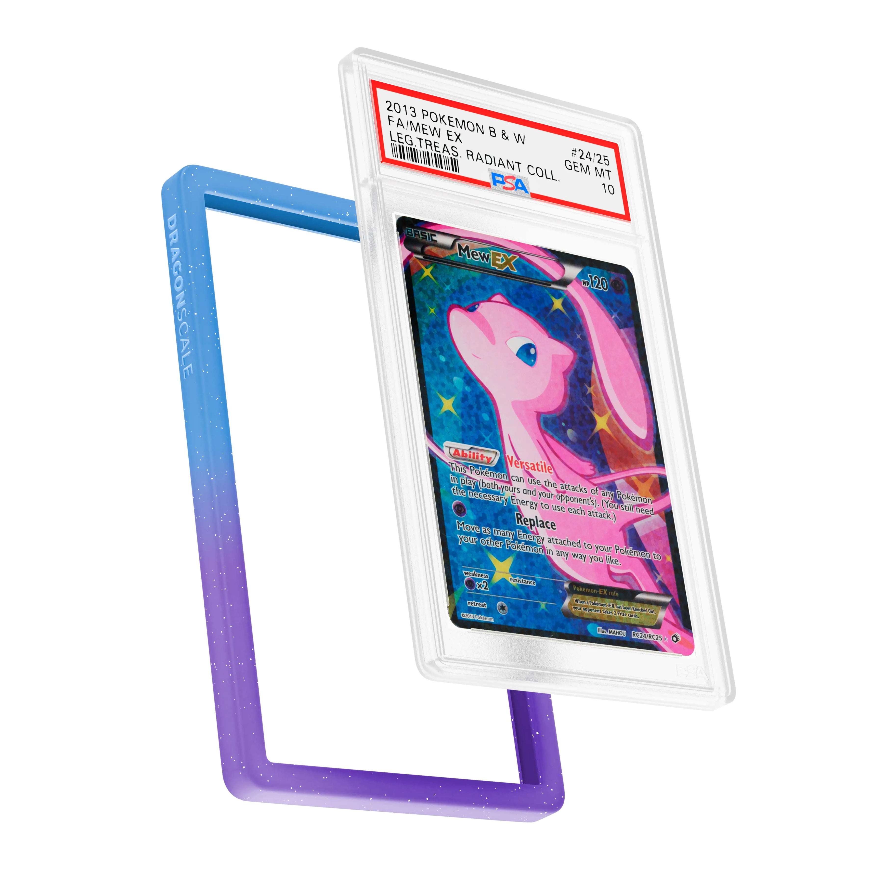 Display and demo view of a PSA slab in Radiant Dream Dragonscale bumper guard, featuring a Mew ex Legendary Treasures PSA 10 Pokemon card.
