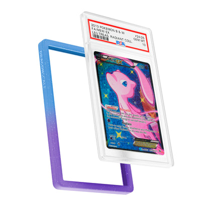 Display and demo view of a PSA slab in Radiant Dream Dragonscale bumper guard, featuring a Mew ex Legendary Treasures PSA 10 Pokemon card.
