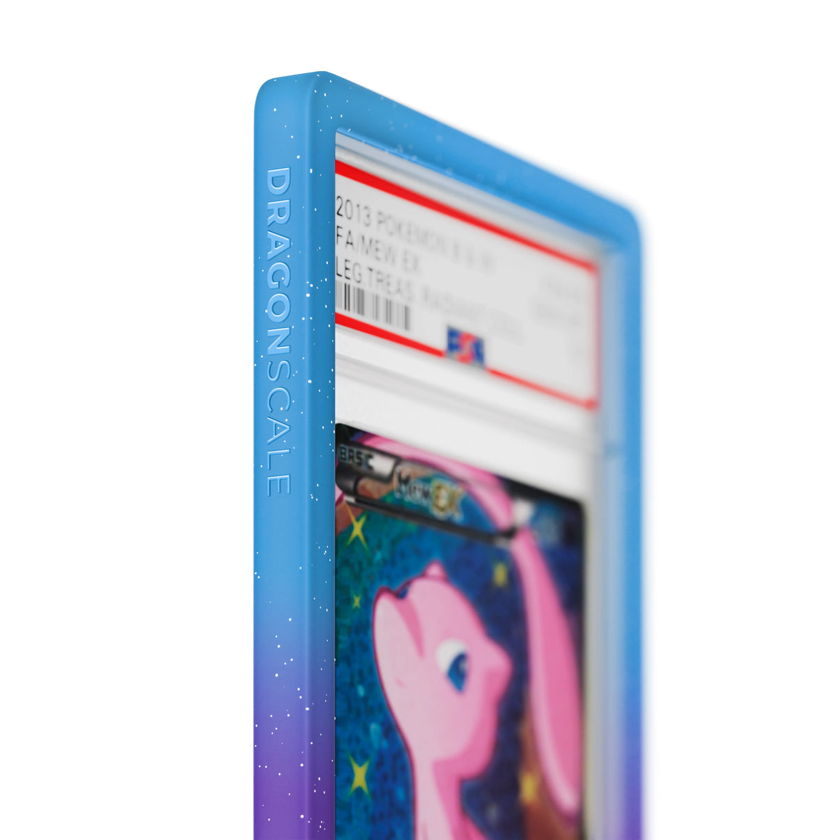 Close up logo zoom view of a PSA slab in Radiant Dream Dragonscale bumper guard, featuring a Mew ex Legendary Treasures PSA 10 Pokemon card.
