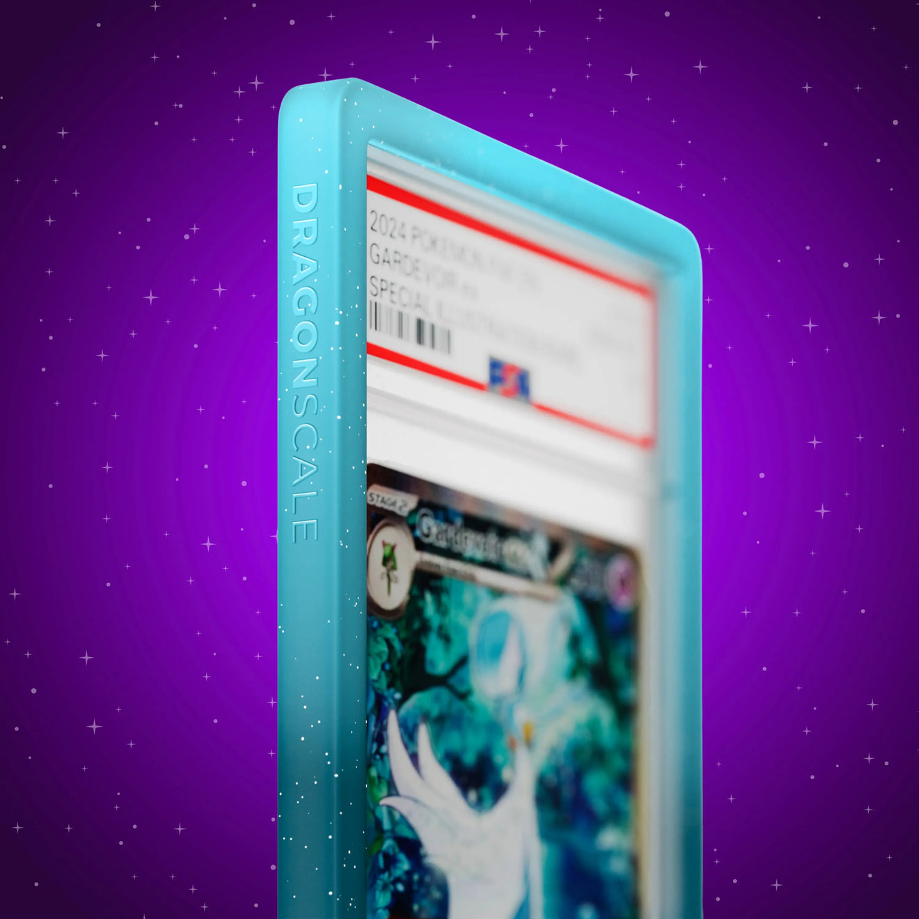 Close up logo zoom view of a PSA slab in Radiant Ethereal Dragonscale bumper guard, featuring a Gardevoir EX Paldean Fates PSA 10 Pokemon card.