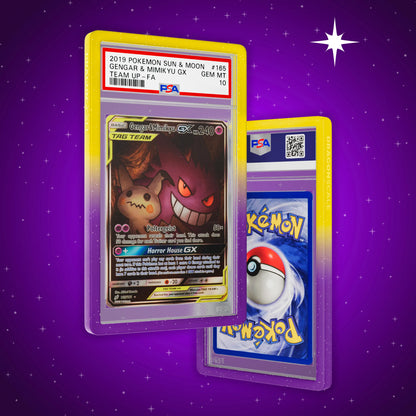 Front and back view of a PSA slab in Radiant Flux Dragonscale bumper guard,featuring a Gengar & Mimikyu Gx Sun & Moon Team Up PSA 10 Pokemon card.
