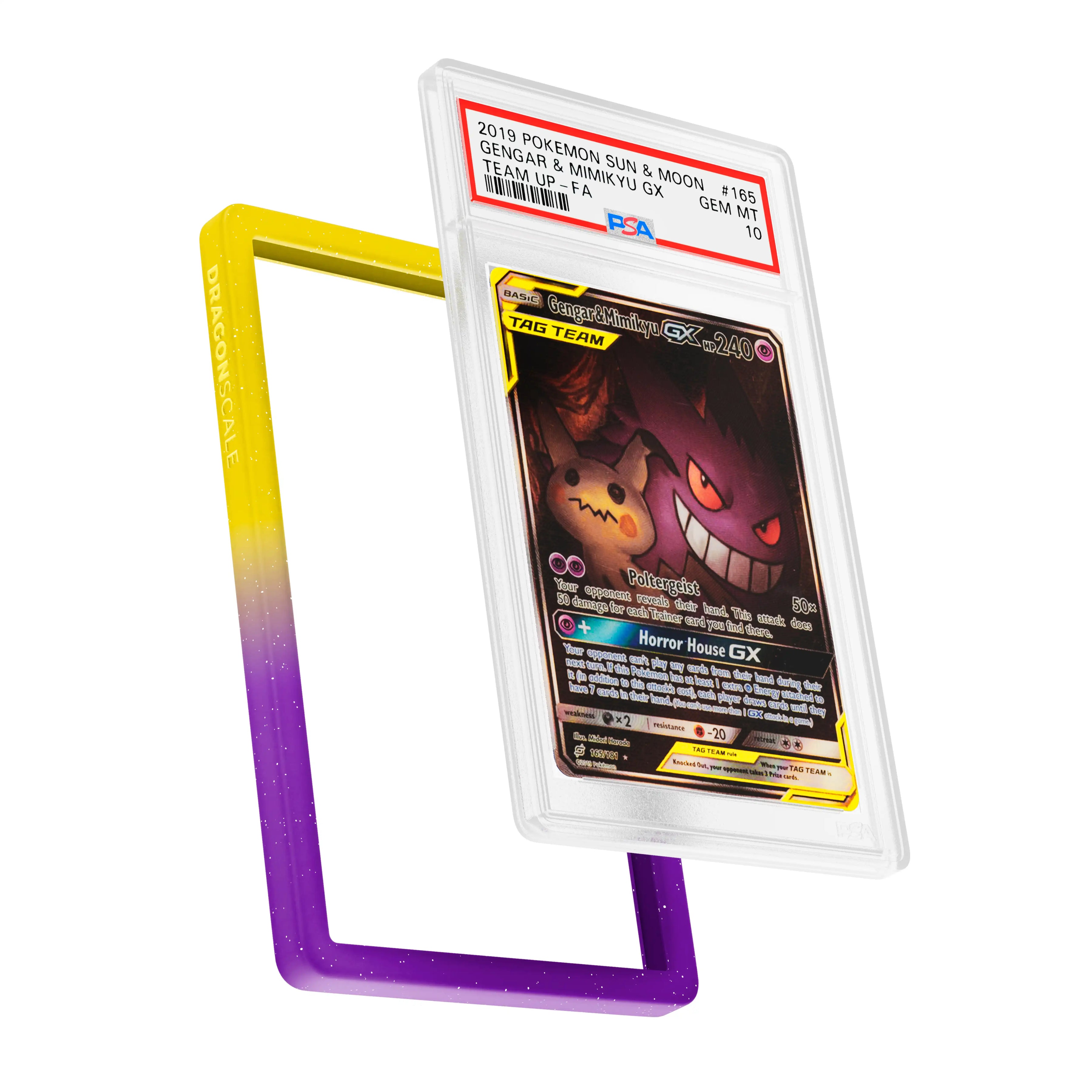 Display and demo view of a PSA slab in Radiant Flux Dragonscale bumper guard, featuring a  Gengar & Mimikyu Gx Sun & Moon Team Up PSA 10 Pokemon card.
