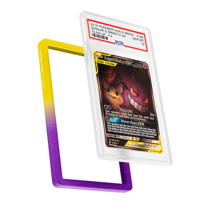 Display and demo view of a PSA slab in Radiant Flux Dragonscale bumper guard, featuring a  Gengar & Mimikyu Gx Sun & Moon Team Up PSA 10 Pokemon card.
