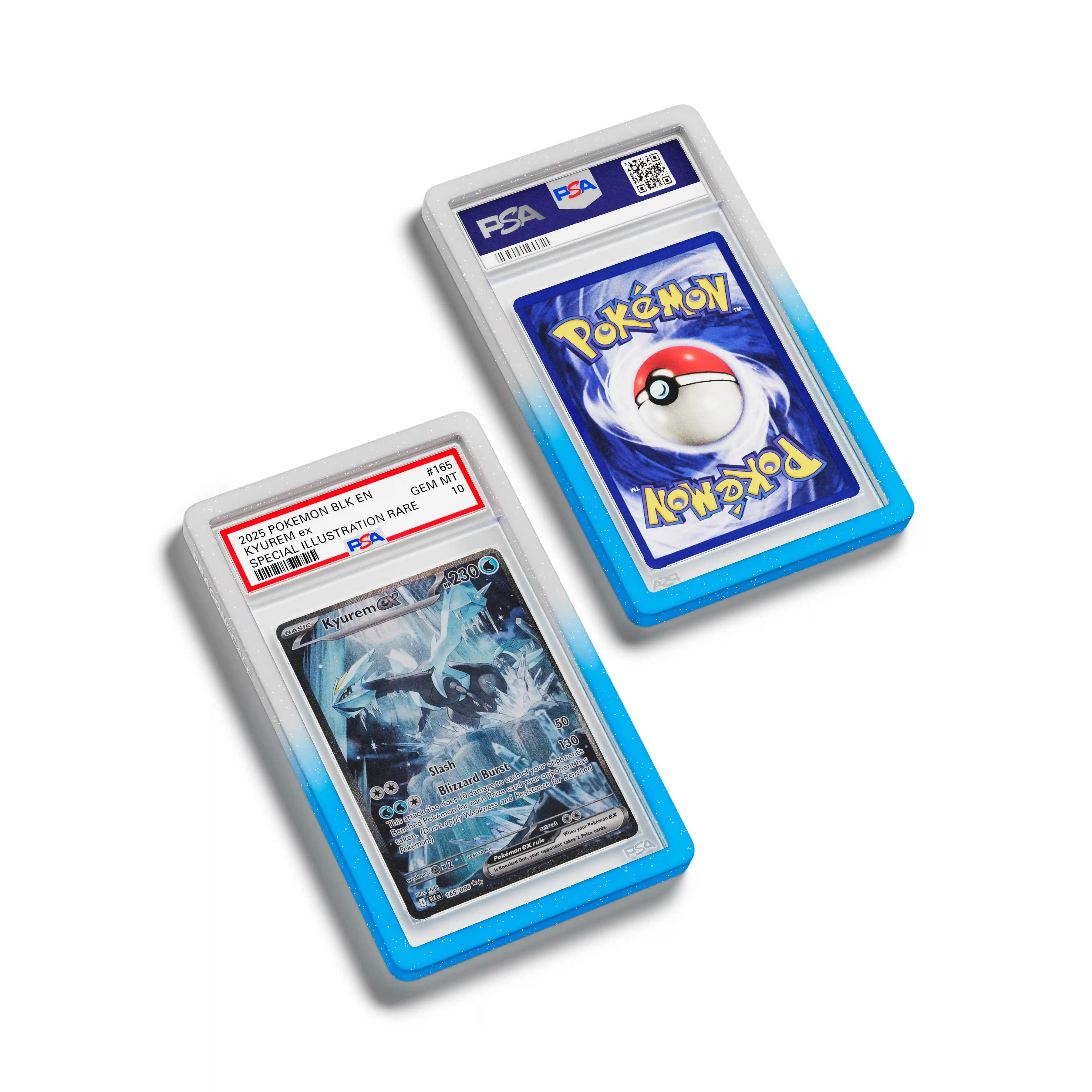 Top-down flat view of a PSA slab in Radiant Frost Dragonscale bumper guard, featuring a Kyurem EX Black Bolt PSA 10 Pokemon card.
