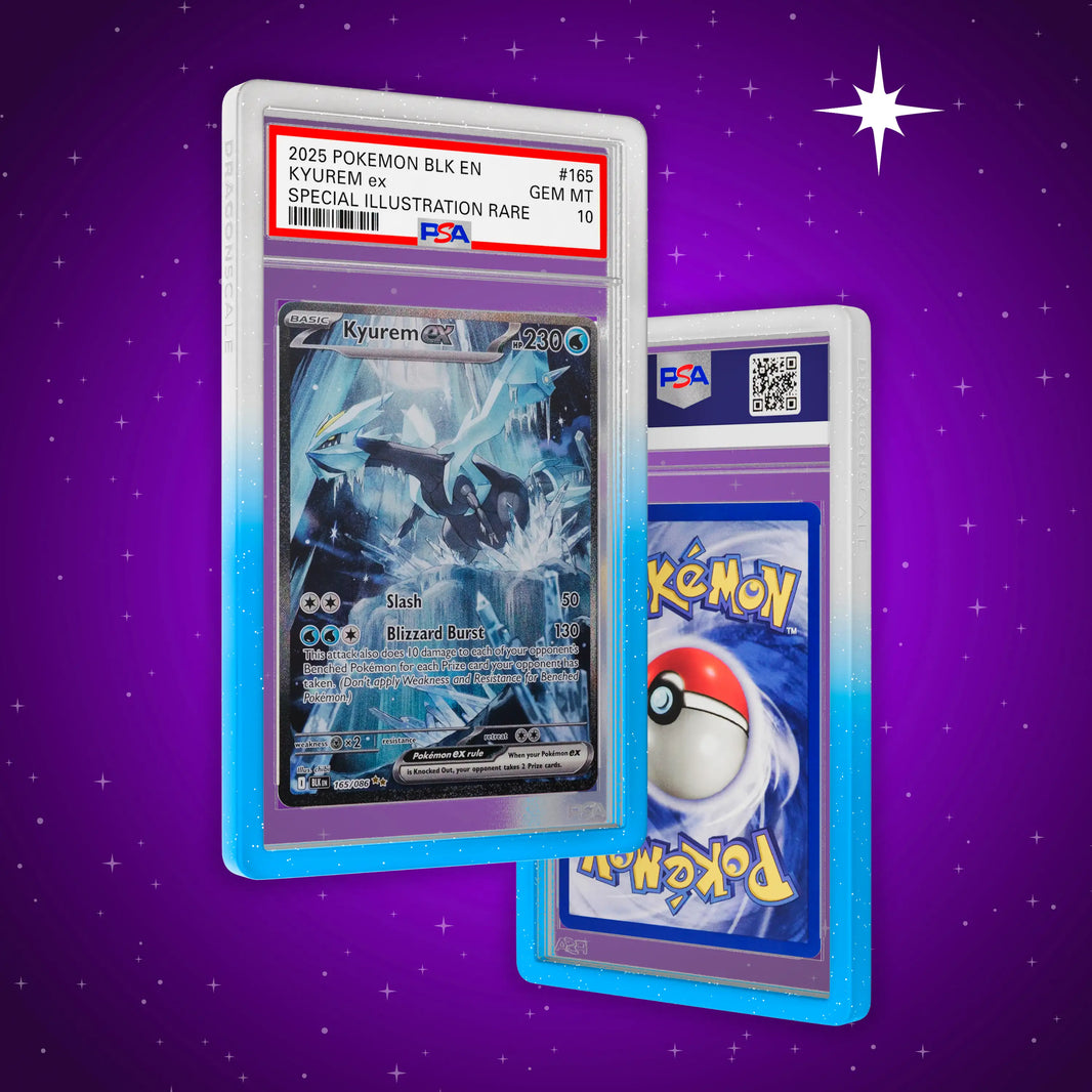 Front and back view of a PSA slab in Radiant Frost Dragonscale bumper guard,featuring a Kyurem EX Black Bolt PSA 10 Pokemon card.
