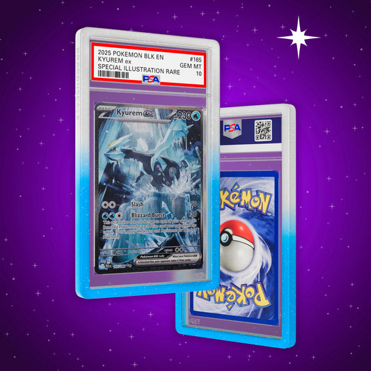 Front and back view of a PSA slab in Radiant Frost Dragonscale bumper guard,featuring a Kyurem EX Black Bolt PSA 10 Pokemon card.
