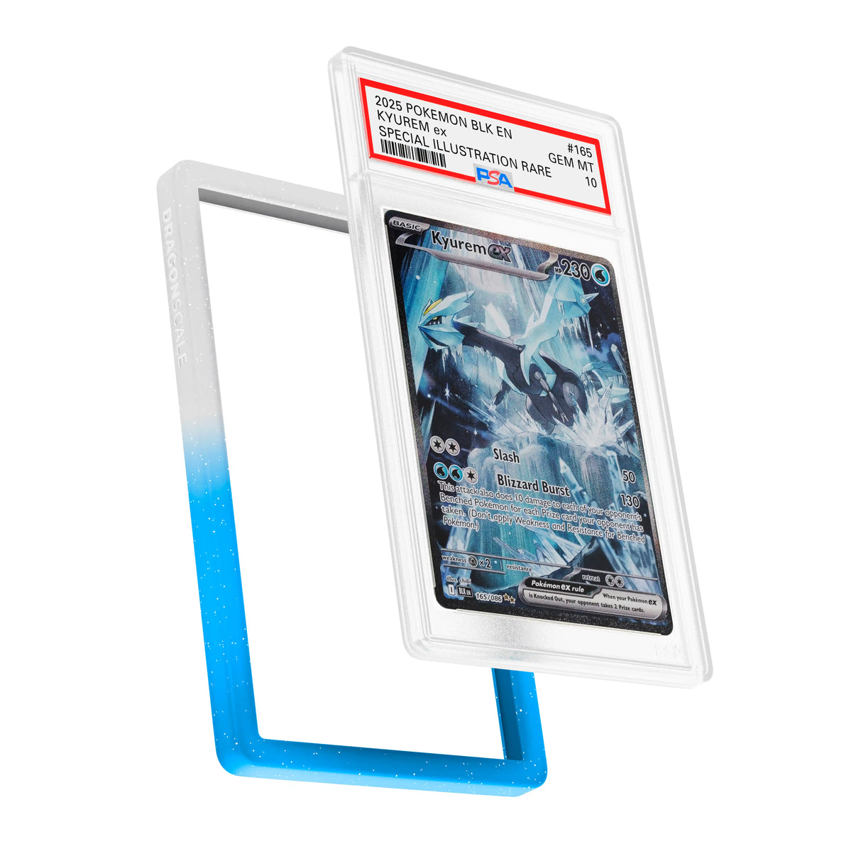 Display and demo view of a PSA slab in Radiant Frost Dragonscale bumper guard, featuring a Kyurem EX Black Bolt PSA 10 Pokemon card.
