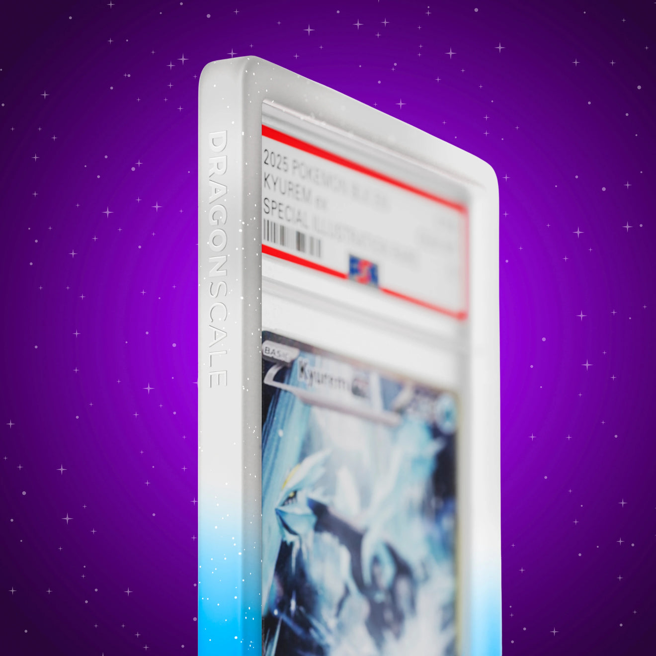 Close up logo zoom view of a PSA slab in Radiant Frost Dragonscale bumper guard, featuring a Kyurem EX Black Bolt PSA 10 Pokemon card.