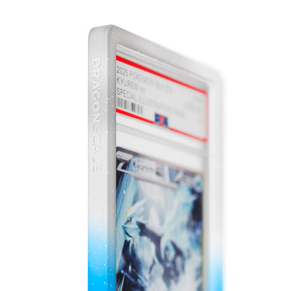 Close up logo zoom view of a PSA slab in Radiant Frost Dragonscale bumper guard, featuring a Kyurem EX Black Bolt PSA 10 Pokemon card.