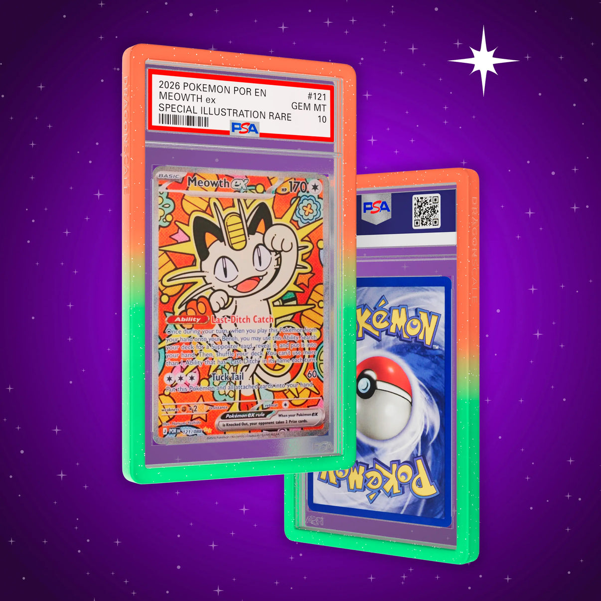Front and back view of a PSA slab in Radiant Fusion Dragonscale bumper guard, featuring a Meowth ex Pokémon Origins PSA 10 Pokemon card.