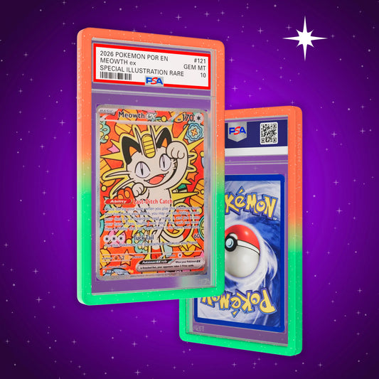 Front and back view of a PSA slab in Radiant Fusion Dragonscale bumper guard, featuring a Meowth ex Pokémon Origins PSA 10 Pokemon card.