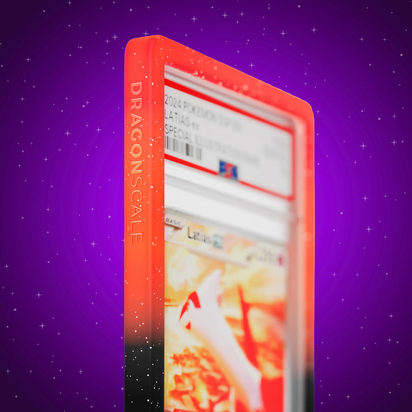 Close up logo zoom view of a PSA slab in Radiant Infernal Dragonscale bumper guard, featuring a Latias EX Surging Sparks PSA 10 Pokemon card.