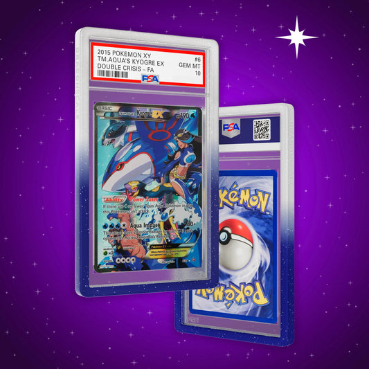 Front and back view of a PSA slab in Radiant Marine Dragonscale bumper guard,featuring a Team Aqua’s Kyogre EX  Double Crisis PSA 10 Pokemon card.
