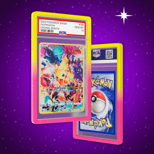 Front and back view of a PSA slab in Radiant Nova Dragonscale bumper guard, featuring a Pikachu Crown Zenith PSA 10 Pokemon card.
