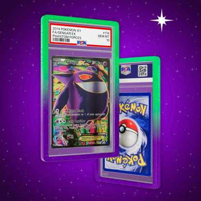 Front and back view of a PSA slab in Radiant Noxious Dragonscale bumper guard, featuring a Gengar EX Phantom Forces PSA 10 Pokemon card.
