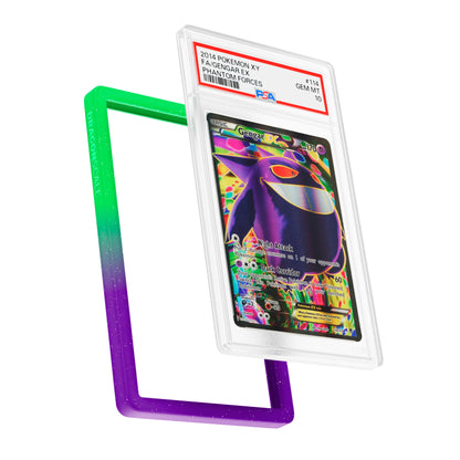 Display and demo view of a PSA slab in Radiant Noxious Dragonscale bumper guard, featuring a Gengar EX Phantom Forces PSA 10 Pokemon card.
