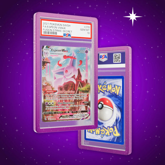 Front and back view of a PSA slab in Radiant Phantom Dragonscale bumper guard, featuring a Espeon VMAX Fusion Strike PSA 10 Pokemon card.