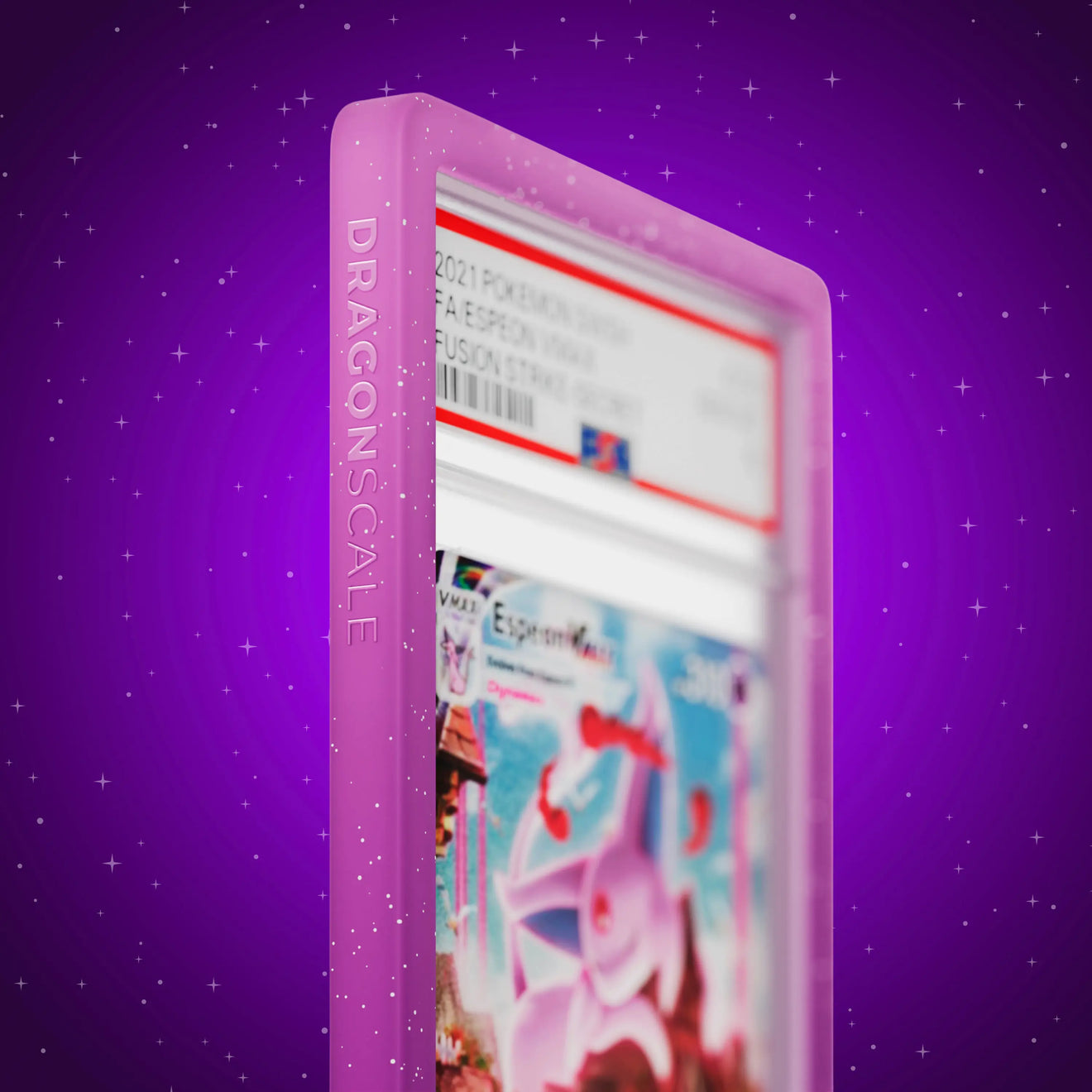 Close up logo zoom view of a PSA slab in Radiant Phantom Dragonscale bumper guard, featuring a Espeon VMAX Fusion Strike PSA 10 Pokemon card.