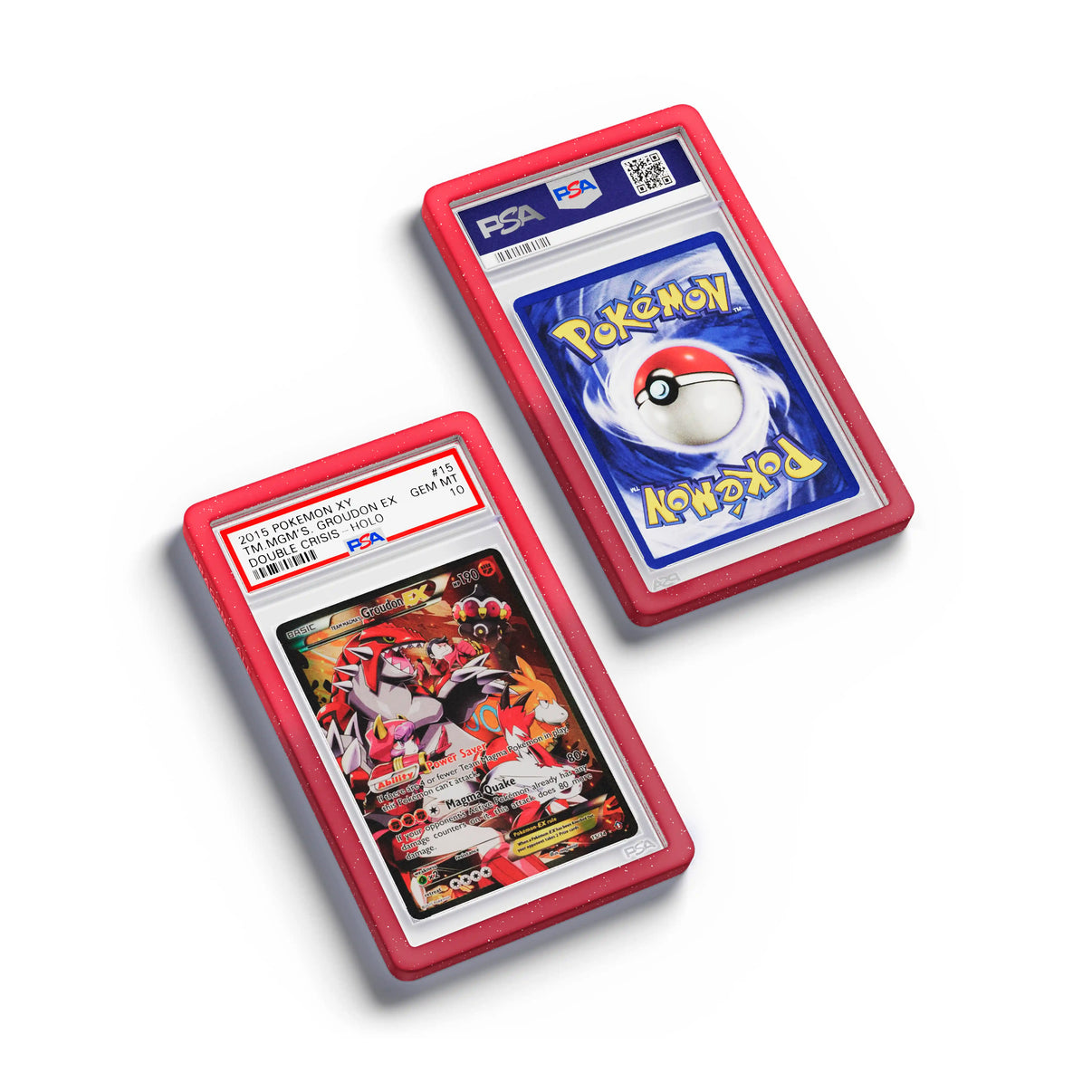 Top-down flat view of a PSA slab in Radiant Pyro Dragonscale bumper guard, featuring a Team Magmas Groudon Ex PSA 10 Pokemon card.
