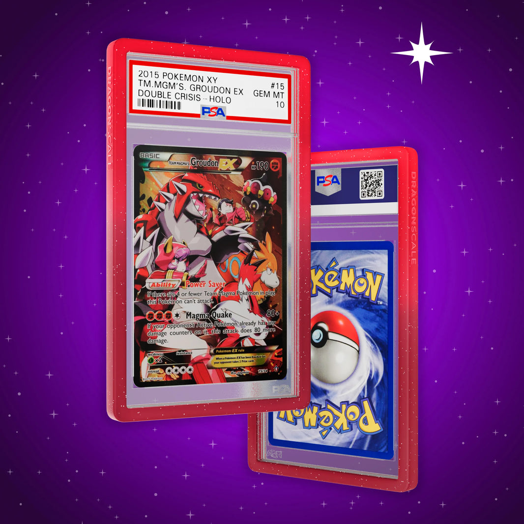 Front and back view of a PSA slab in Radiant Pyro Dragonscale bumper guard,featuring a Team Magmas Groudon Ex PSA 10 Pokemon card.
