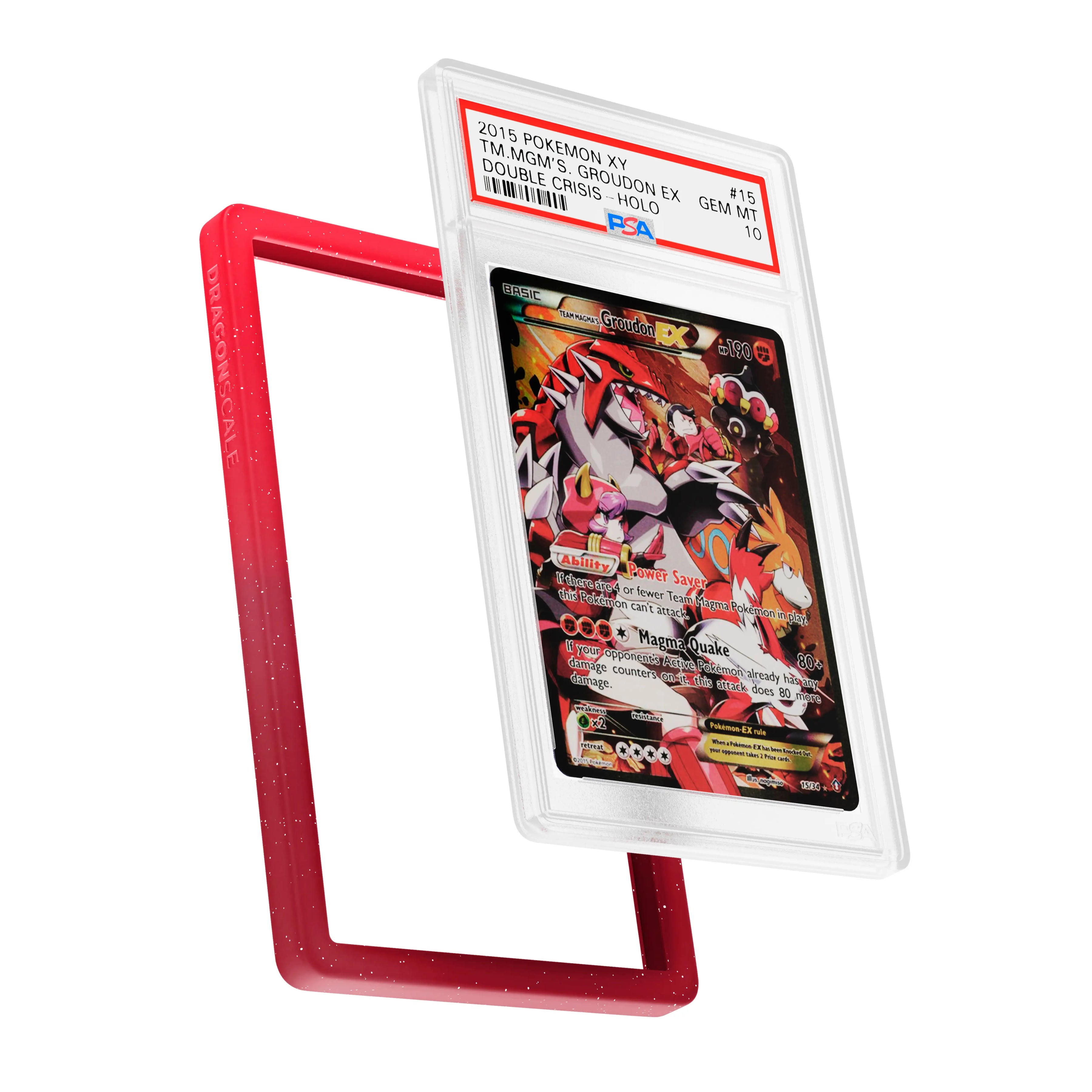 Display and demo view of a PSA slab in Radiant Pyro  Dragonscale bumper guard, featuring a Team Magmas Groudon Ex PSA 10 Pokemon card.
