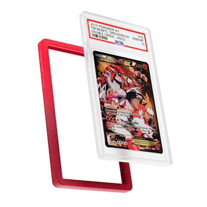 Display and demo view of a PSA slab in Radiant Pyro  Dragonscale bumper guard, featuring a Team Magmas Groudon Ex PSA 10 Pokemon card.
