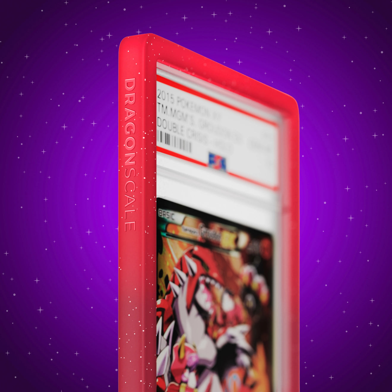 Close up logo zoom view of a PSA slab in Radiant Pyro Dragonscale bumper guard, featuring a Team Magmas Groudon Ex PSA 10 Pokemon card.