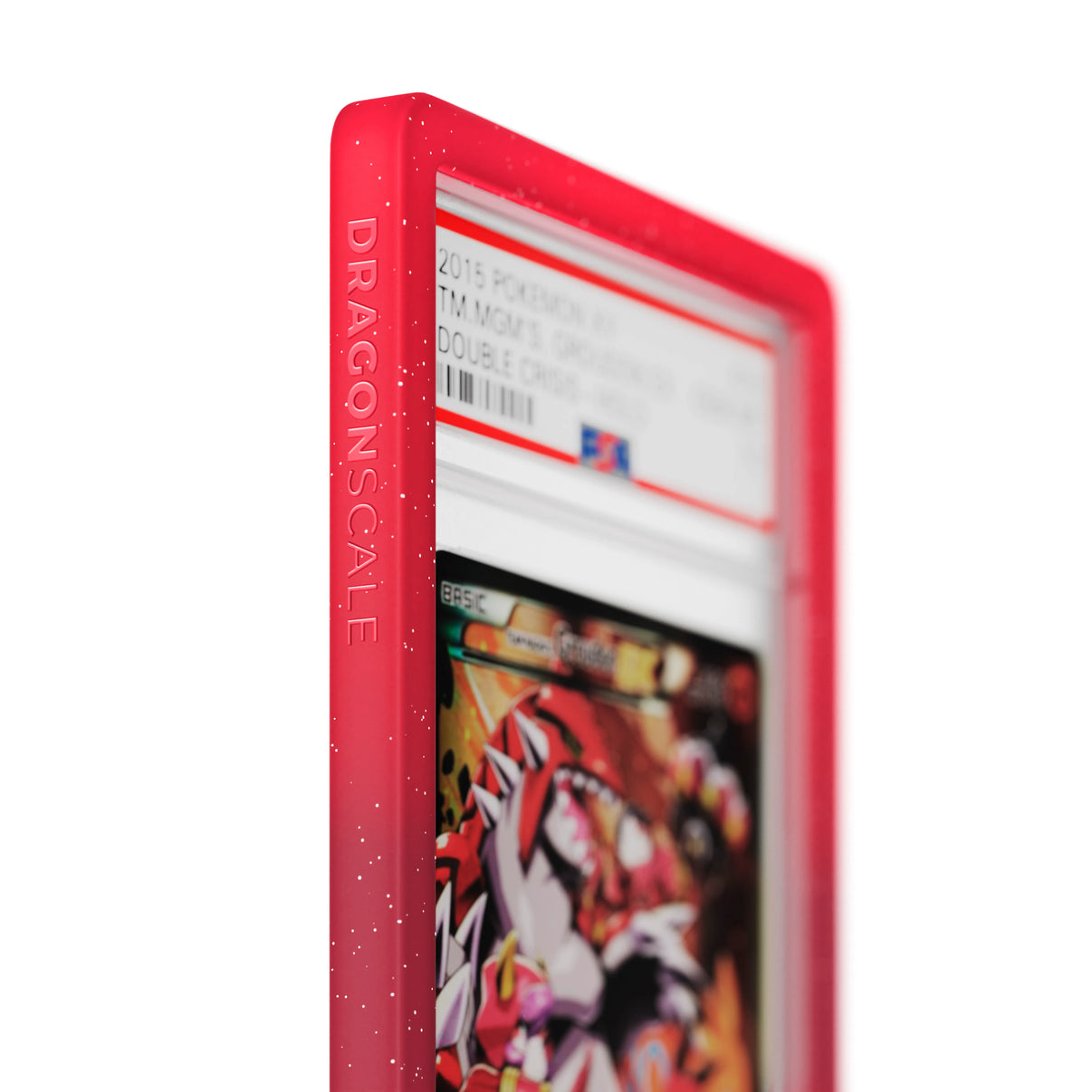 Close up logo zoom view of a PSA slab in Radiant Pyro Dragonscale bumper guard, featuring a Team Magmas Groudon Ex PSA 10 Pokemon card.
