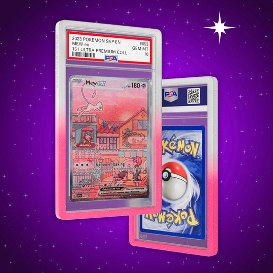 Front and back view of a PSA slab in Radiant Rose Dragonscale bumper guard,featuring a Mew 151 UPC PSA 10 Pokemon card.