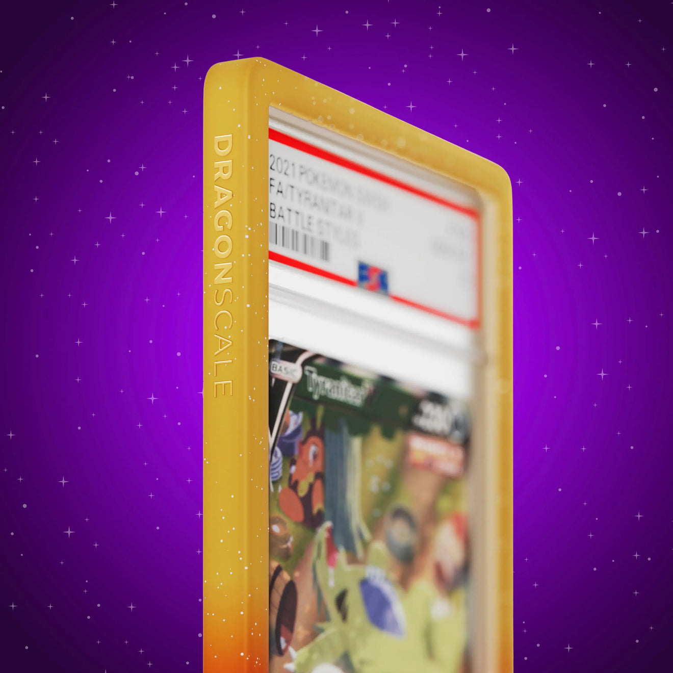 Close up logo zoom view of a PSA slab in Radiant Sandstorm Dragonscale bumper guard, featuring a Tyranitar V Battle Styles PSA 10 Pokemon card.