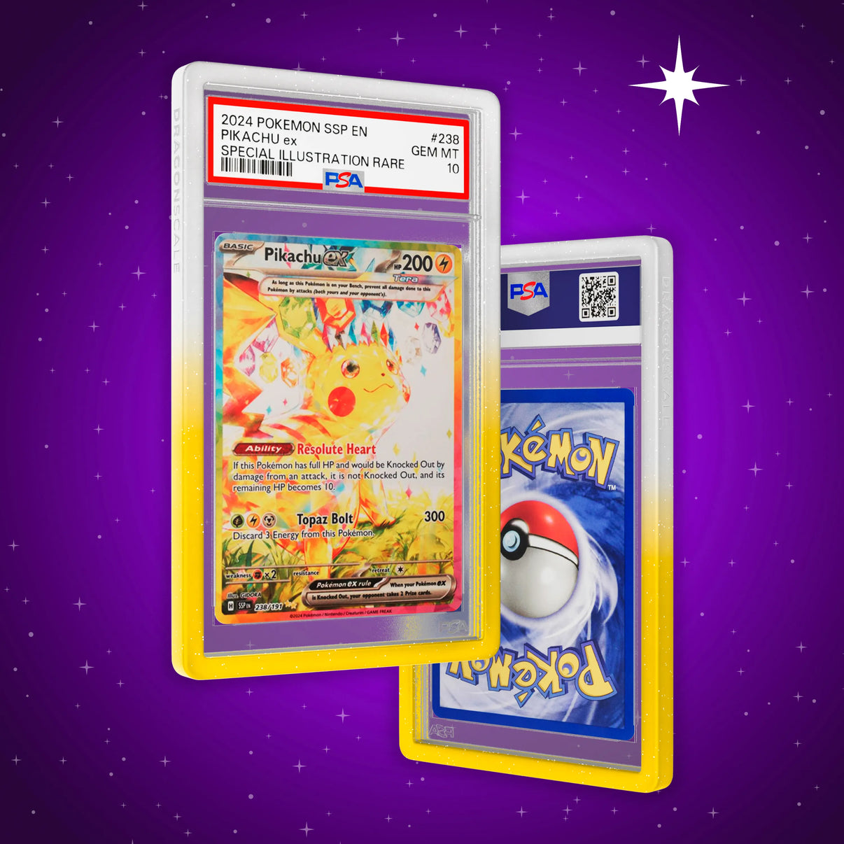 Front and back view of a PSA slab in Radiant Sparks Dragonscale bumper guard, featuring a Pikachu ex Surging Sparks PSA 10 Pokemon card.