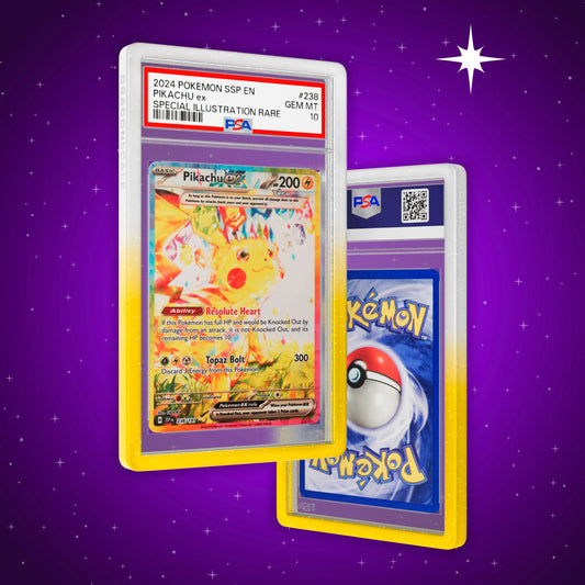 Front and back view of a PSA slab in Radiant Sparks Dragonscale bumper guard, featuring a Pikachu ex Surging Sparks PSA 10 Pokemon card.