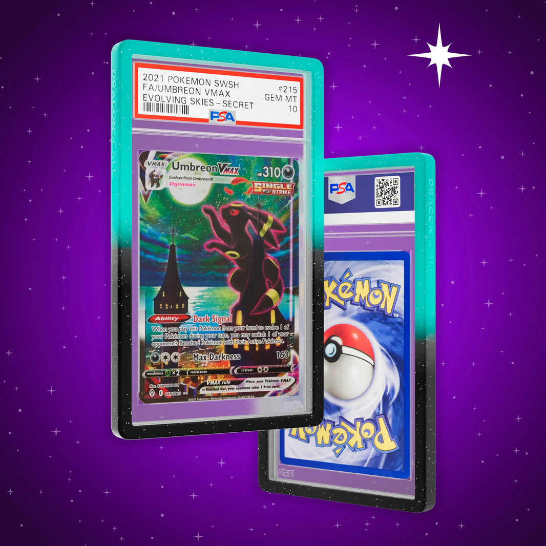 Front and back view of a PSA slab in Radiant Spectral Dragonscale bumper guard, featuring a Umbreon VMAX Evolving Skies PSA 10 Pokemon card.