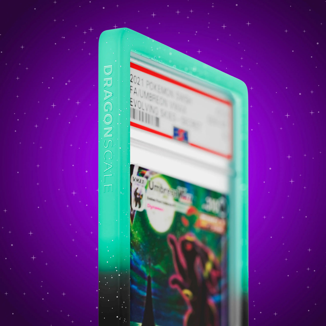 Close up logo zoom view of a PSA slab in Radiant Spectral Dragonscale bumper guard, featuring a Umbreon VMAX Evolving Skies PSA 10 Pokemon card.