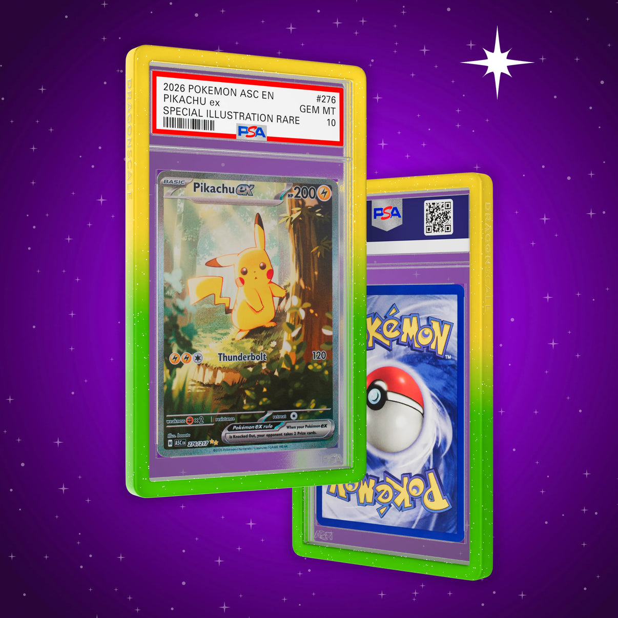 Front and back view of a PSA slab in Radiant Sunbloom Dragonscale bumper guard, featuring a Pikachu Ex PSA 10 Pokemon card.