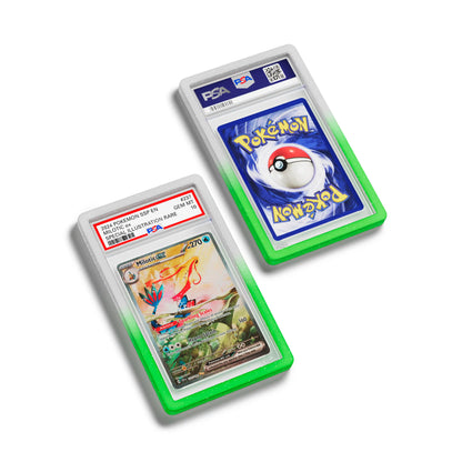 Top-down flat view of a PSA slab in Radiant Sylvan Dragonscale bumper guard, featuring a Milotic EX Surging Sparks PSA 10 Pokemon card.
